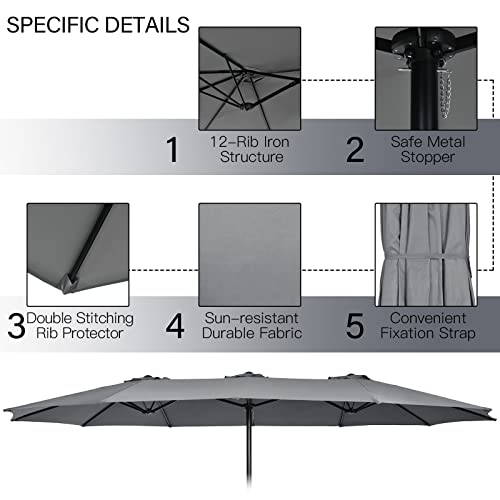 Image of Tangkula 15FT Double-Sided Patio Umbrella with Base, Extra-Large Market Umbrella W /Crank System, Outdoor Twin Umbrella W / 12-Rib Metal Structure & Air Vents for Garden, Backyard, Poolside (Gray)
