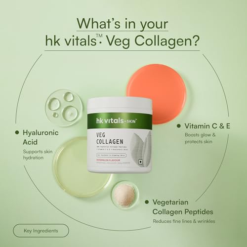Image of hk vitals Veg Collagen Supplement (Watermelon, 200g) | With Biotin, Vitamin C, E, Sodium Hyaluronate | For Healthy Skin, Hair & Nails with Sipper