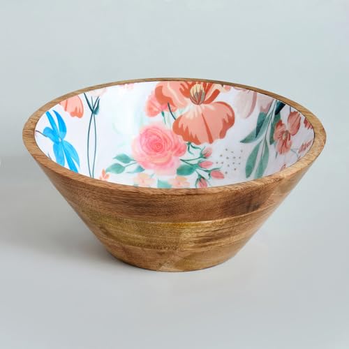Image of SAAGA Printed Mango Wood Serving Bowl - 10 x 4 Inch Handcrafted Round Wooden Bowl | Food-Grade Finish for Noodles, Soups, Curries & Snacks - Canyon Clay