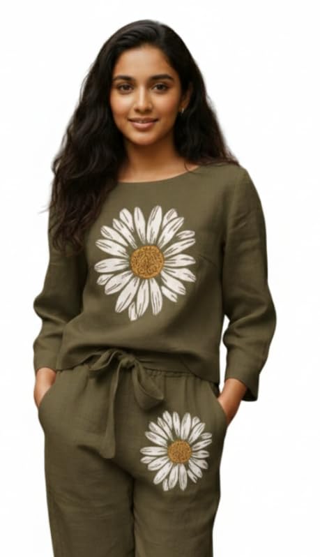 Image of White Button new Girls sunflower Daisy Print Flax Cotton Co-ord Set - Breathable Summer 2-Piece Outfit