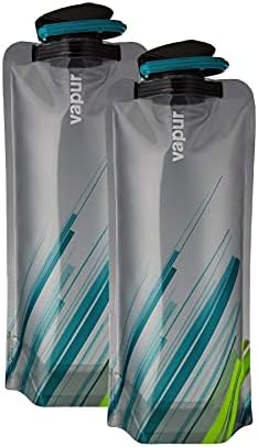 Vapur Collapsible Water Bottle With Carabiner, Compact Bottle Folds Flat For Hydration On The Go, Ideal for Traveling, Hiking or Camping, 34 Ounce, Grey & Teal, Pack of 2