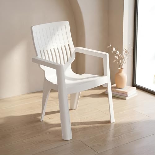 Image of Nilkamal Ortho Comfort Plastic Chair with Arm|Set of 4| 3 Year Warranty |Stackable Chair for Home, Living Room, Dining Room, Cafe & Balcony |Ergonomic Back Support |Indoor & Outdoor |Cream