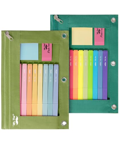 Image of Mr. Pen- Pencil Pouch for 3 Ring Binder, 2 Pack, 10 inchx6.75 inch, Smooth Zipper | Clear Window, Large Capacity Pencil Case with 3 Reinforced Grommets for School, Office, Supplies Storage | Clear Window, Large Capacity Pencil Case with 3 Reinforced Grommets for School, Office, Supplies Storage