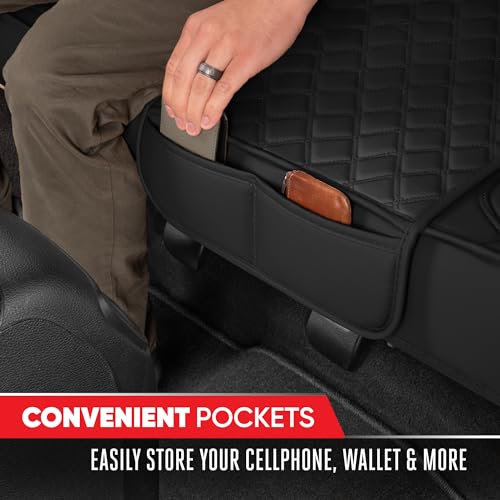 Image of Motor Trend Rear Seat Cushion - Black Diamond Stitched Faux Leather Rear Seat Cover for Cars, Trucks, SUVs - Padded, Waterproof, Non-Slip Back Seat Cover with Storage Pockets