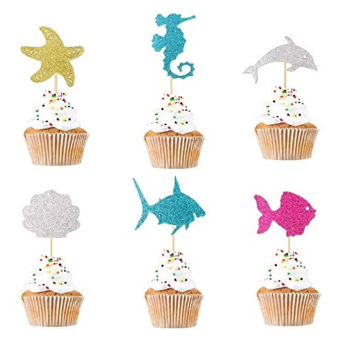 JANOU Ocean Cupcake Toppers Glitter Sea Horse Shell Dolphin Shark Cake Decoration Picks for Wedding Birhtday Baby Shower Party Favors Pack 12pcs Cover