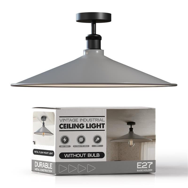 LEDSone Vintage Ceiling Light, Farmhouse Semi Flush Mounted E27 Base Industrial Chandeliers Grey Lampshade LED Ceiling Lighting Fixture for Living Room Kitchen Bedroom [Energy Class A]