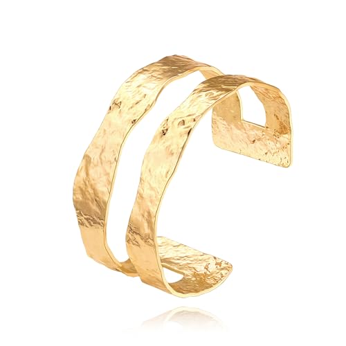 CANEVINKA Statement Hammered Gold Cuff Bangle Bracelet Boho Chunky Stackable Bracelets Dainty Adjustable Gold Wide Bracelets for Women
