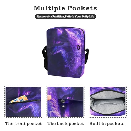 Crossbody Bag Neon Glowing Purple Flame Wolf Animal Messenger Bag for Women Men Purse Shoulder Bag Satchel Bag with Adjustable Strap 202b59672