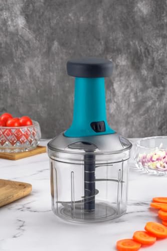 Image of Vegetable Chopper for Kitchen | Hand Chopper for Kitchen use Veg Cutter | Push Chopper 1000ml Capacity | 5 Sharp Stainlee Steel Blades (Teal)