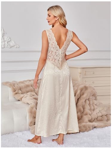 Image of WDIRARA Women's Satin Sleepwear Nightgown | Lace, Backless, Deep V Neck, Sleeveless, Long, Leopard Apricot, Large