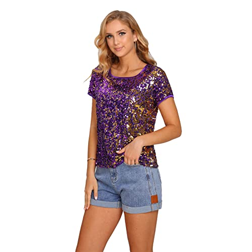 Womens Full Sequin Sparkle Tops Shimmer Glitter Round Neck Short Sleeve Shirt Summer Disco Party Tee Shirts Tunic Blouse2