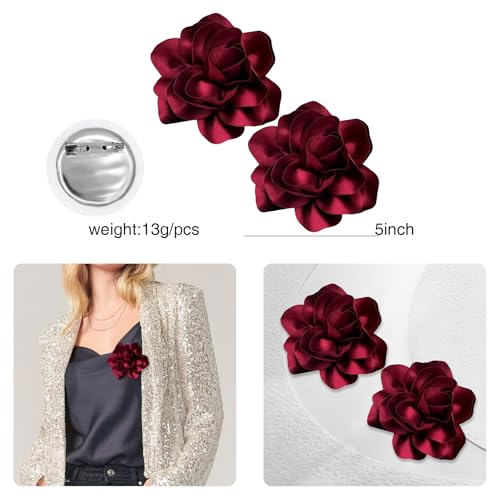 Image of 2Pcs 5in Dainty Satin Fabric Flower Brooch Extra Large Rose Camellia Flower Brooches Lapel Pins for Women Wedding Party Dance Banquet Clothes Jewelry Accessories