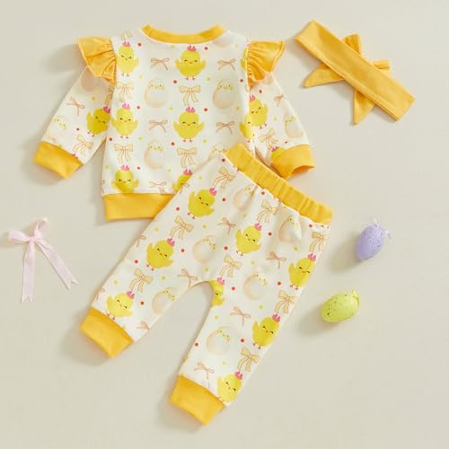 Toddler Baby Girl Easter Outfit Chicks Bow Print Ruffle Sweatshirt Long Pants Headband Set 0 6 12 18 24M 2 3T3