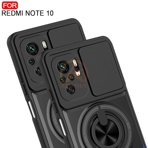 Image of Redmi Note 10 / 10S / 11 SE 5G Back Cover | Armor Camera Slider 360 Degree Rotating Finger Ring Holder Case with Bracket Stand Back Case Cover (Compatible with MagSafe Accessories) (Black)