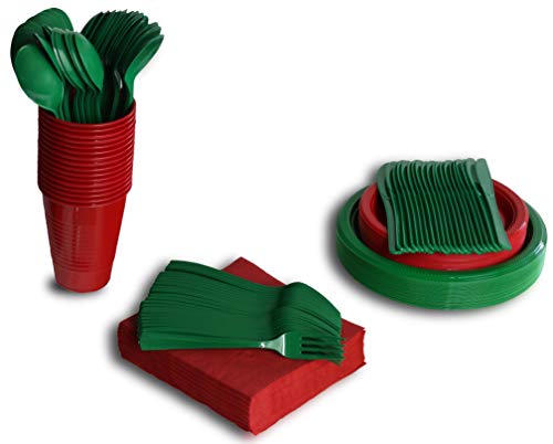 Exquisite 350 Piece Combo Christmas Themed Green & Red Disposable Party Plastic Plates And Cutlery Set Includes 50 Dinner Plates 50 Dessert Plates 50 Cups 50 Napkins 50 Forks 50 Spoons & 50 Knives #TOP5