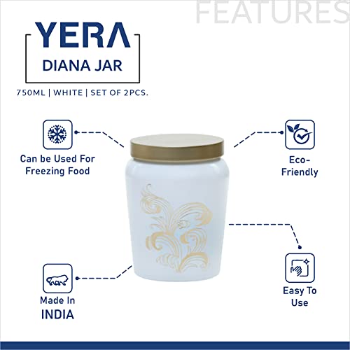 Image of Yera Diana Jars, Metallic lid-golden foil printed-storage jar, 750ml capacity, White Colour,Used for storage of Cookies, snacks,dry fruits,etc (Set of 2)