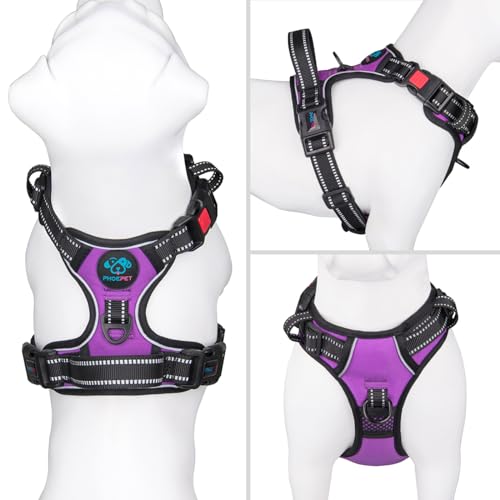 Image of PHOEPET Reflective Dog Harness Large Breed Adjustable No Pull Vest with Handle 2 Metal Rings 3 Buckles [Easy to Put on & Take Off](XL, Purple)