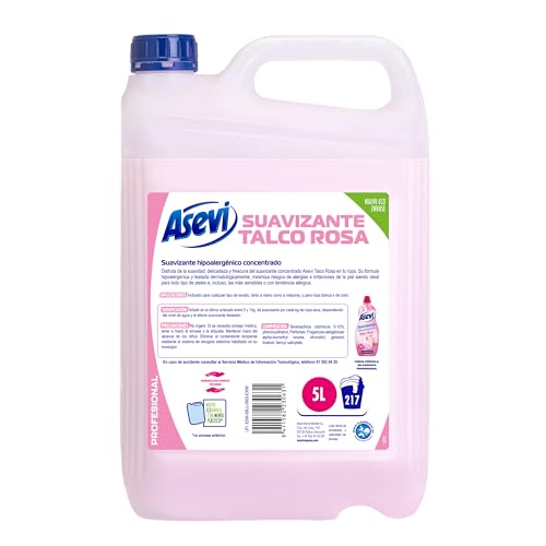 Asevi Profesional Suavizante Hipoalergénico Talco Rosa - Suavizante Concentrado - Suavizante de Lavadora para Pieles Sensibles - Todos los Tejidos - Dermatológicamente Testado - 5 Litros - 217 lavados Asevi Profesional Suavizante Hipoalergénico Talco Rosa - Suavizante Concentrado - Suavizante de Lavadora para Pieles Sensibles - Todos los Tejidos - Dermatológicamente Testado - 5 Litros - 217 lavados