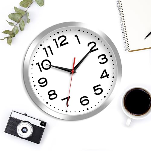 Image of Roymnie 8 Inch Small Wall Clock, Battery Operated Silent Non Ticking Silver | analog wall clock; bold numerals for easy reading; silent non-ticking; 1 AA battery (not included); for classroom
