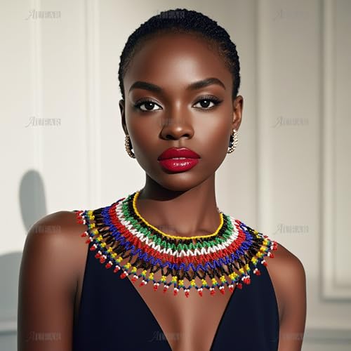 AUEAR Colorful Beaded Maasai South African Necklace for Women, Unique Design, Lightweight, Multi-Purpose Use, 4.5 x 3 inches, Beads