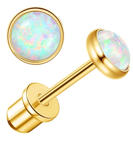 14K Gold Plated Threadless Flat Back Opal Stud Earrings Hypoallergenic Surgical Stainless Steel Earrings Studs for Women Girls 5mm Handmade Cartilage Helix Conch Multiple Piercing (White Opal, Gold)