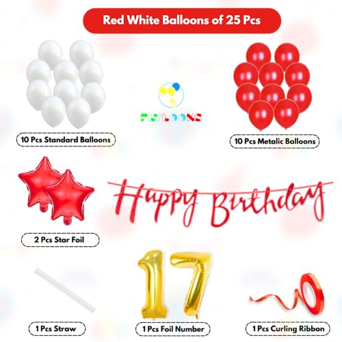 Image of Flyloons 17th Happy Birthday Decoration Kit Red White for Boys Girls Kids Twins Men Women With 20 Pcs Metallic Balloons Birthday Banner 2 Pcs Star Items Set
