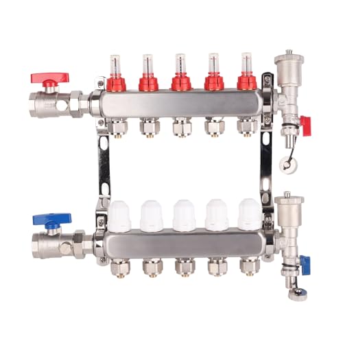 Ausla Collecteur de Chaleur Radiante Collecteur de Chauffage au Sol en Acier Inoxydable 5 G1in avec Vannes de Contrôle de Température de Compteur EPDM pour...