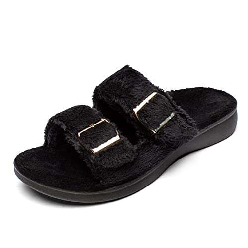 SOLLBEAM Womens Fuzzy House Slippers Open Toe with Cozy Lining Arch Support Orthotic Heel Cup sandals