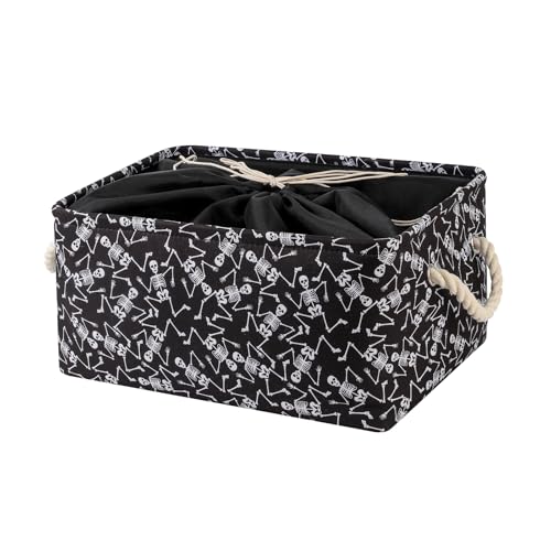 Image of Halloween Skeleton Basket Spooky Baskets, Collapsible Gift Basket Toy Storage with Handles Halloween Skeletons Stuffer Basket Large Storage Bins with Drawstring Closure Skeleton Decorations