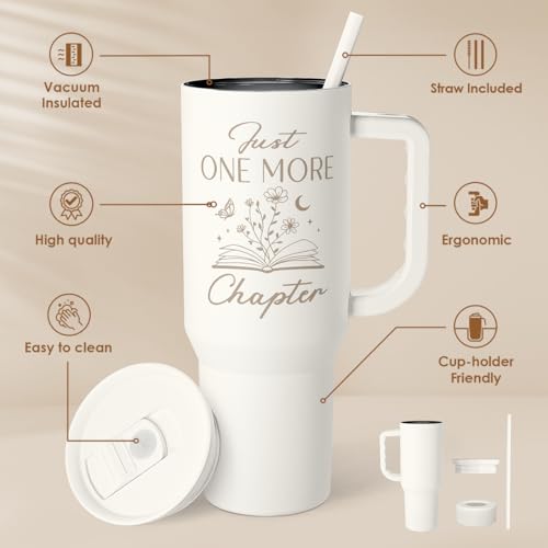 Image of SANDJEST Book Lover Gifts for Women, Just One More Chapter Tumbler with Handle, Stainless Steel Insulated Coffee Travel Mug Cup, Gifts for Women Girls Bookworm on Christmas Birthday, 40oz