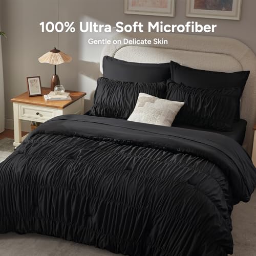 Image of Andency Ruched Full Size Comforter Sets Black, 7 Pieces Ruffle Bed Set in a Bag, Shabby Chic Pleat Bedding Set with Comforter, Sheets, Pillowcase & Sham, Lightweight, Soft, All Season