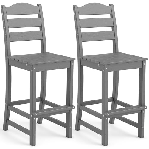 Image of Tangkula Patio HDPE Barstool, Outdoor High Top Bar Chair w /Backrest & Footrest, All-Weather Wood-Plastic Bar Height Chair for Poolside, Backyard, Porch (2, Grey)