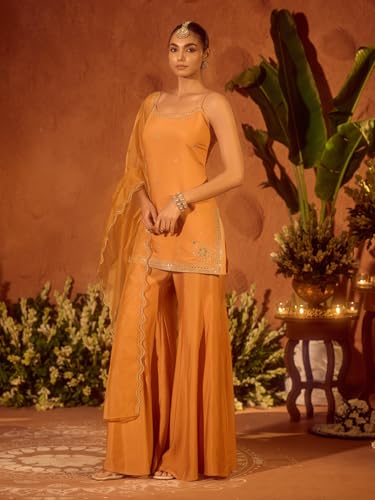 Image of FIORRA Women's Orange Viscose Chanderi Embroidered Ethnic Straight Kurta Set with Dupatta