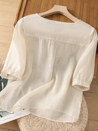Women's Embroidered Cotton Tops Summer 3/4 Length Sleeve Round Neck Blouse Casual Loose Fit Tunic3