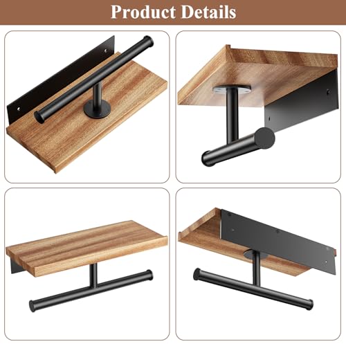 Image of Tindbea Double Toilet Paper Holder with Wood Shelf, Wooden Wall Mount Toilet Paper Roll Holder, Matte Black Stainless Steel Bathroom Toilet Tissue Holder (Sapele, Matte Black)