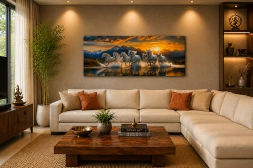 Image of 7 Horse Vastu Sunrise Canvas Painting | Positive Energy Wall Decor | Big Size Premium Running Horses Artwork for Home, Office & Hall Decoration (Modern, Hills White, 44x20 Inch)