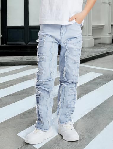 Boys Jeans Stacked Skinny Distressed Pants Stretch Washed Y2K Elastic Waist Fashion Streetwear 7-14Y3