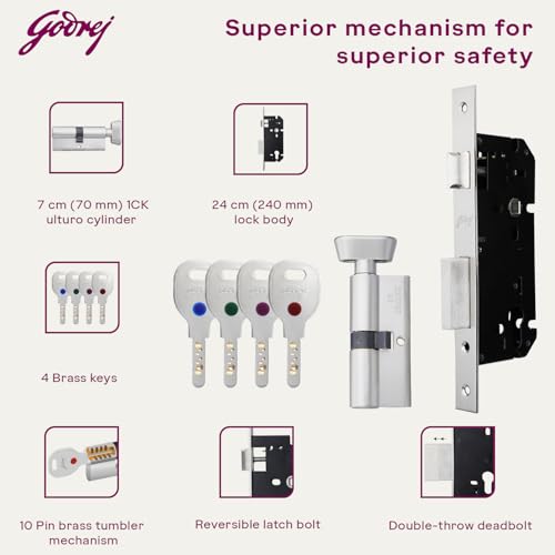 Image of Godrej Mortise Lock|Handle Lock Set for Main & Bedroom Door|HDH 05 Rossette Home Decor Handle|Matte Antique Brass Finish|9 Inch Lockbody|60 mm 1CK Cylinder - Knob from Inside & 3 Keys | 5 Y Warranty
