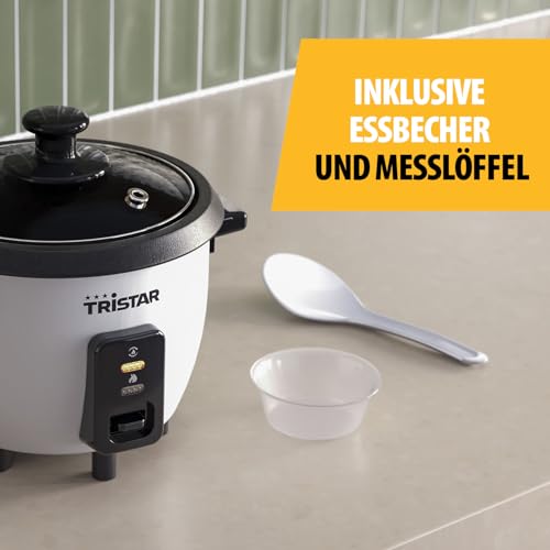 Tristar Reiskocher 0,6 L, Antihaft-Innentopf, Warmhalte- und Abschaltautomatik, Kompaktes Design, Inklusive Messbecher und Löffel, 300 W, RK-6142