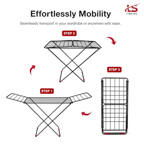 Image of LiMETRO STEEL Foldable Clothes Drying Stand for Balcony & Indoor Use | Heavy Duty Mild Steel Laundry Rack | Space Saving Folding Cloth Dryer Stand | Black