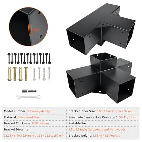 Image of 4-Way Pergola Brackets Kit, DIY Right Corner Woodwork Brackets for 4 inch x 4 inch (Actual:3.5 inchx3.5 inch) Lumber for Patio Pergolas, Gazebos, Log Cabin W /Hardware (1 Pack)