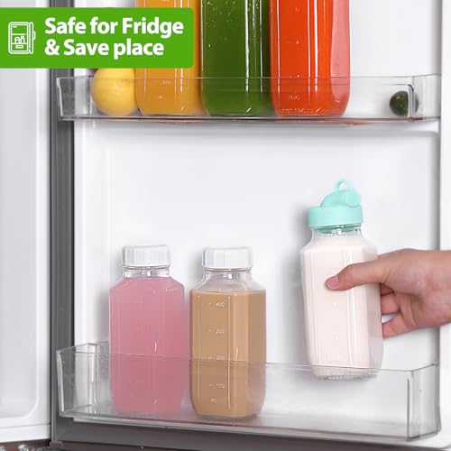 Image of CUCUMI 12 Pack 16 Oz Glass Milk Bottles with Lids, Glass Juice Bottles with Scale & Silicone Pour Spout, Reusable Juice Containers Square Drinking Jars for Milk, Coffee, Smoothies, Water