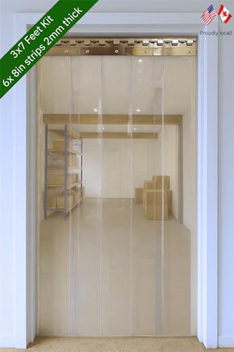 Image of Byson PVC Strip Curtain Door Kit 3 x 6.5 Feet (1 x 2 Meters) Coldroom Warehouse Catering Vinyl Clear Plastic Curtain Kit with 6 Strips (2mm Thick and 200mm Wide), Stainless Steel Rail and Clamps