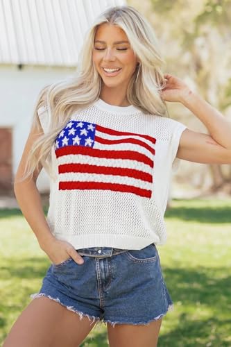 Image of Womens American Flag Sweater Summer Mesh Crochet Crop Tops Crew Neck Pullover Tops White M