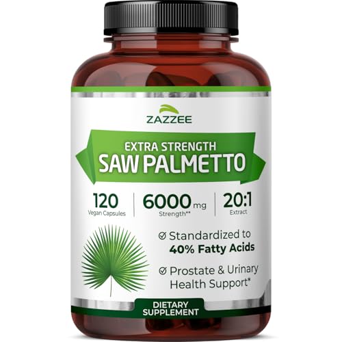 Zazzee Extra Strength Saw Palmetto 20:1 Extract 40% Fatty Acids 120 Vegan Capsules 4 Month Supply Serenoa Repens Daily Wellness & Mens Health Support Herbal Supplement Non-GMO Made in the USA