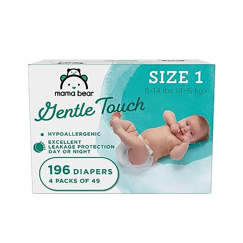 Image of Amazon Brand - Mama Bear Gentle Touch Diapers, Hypoallergenic, Size 1, White, 196 Count (4 packs of 49)