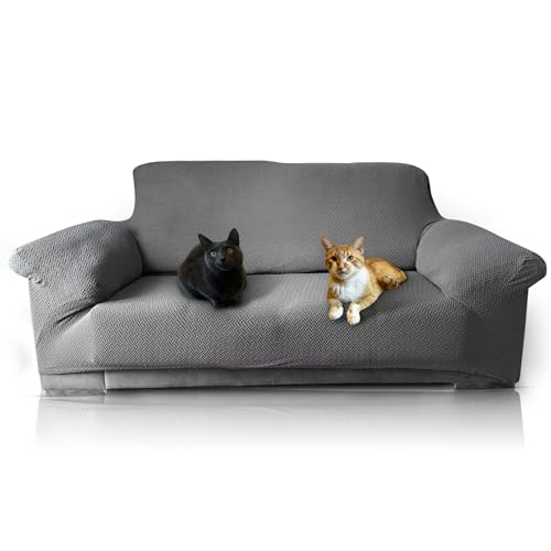 FOCARIS Home- Funda Sofa Protector-Ajustable y Repelente al Agua-Funda sofá 3 plazas-Gris/Negra (Long. máx. 233 cm)-Acolchado maíz-1 Pieza-Fundas de Sofa Ajustables- Packaging presentación Regalo