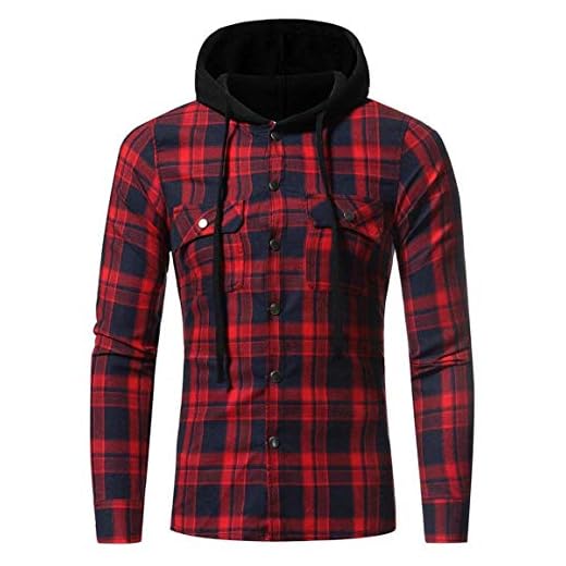 Herr Nner Plaid Hoodies, herr höst vinter långärmad pläd charm smal huva herrmode skjorta lapptäcke blus snygg tröja med fickor, röd, XXL
