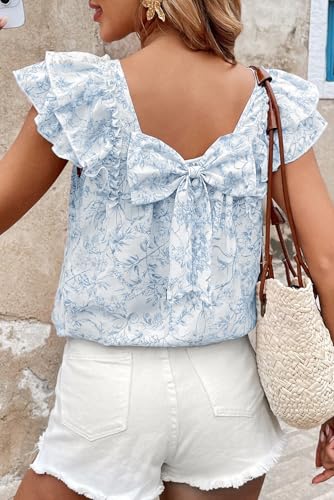 Women's 2025 Summer Top Ruffle Butterfly Sleeve Square Neck Bow Knot Textured Shirt Casual Blouses2