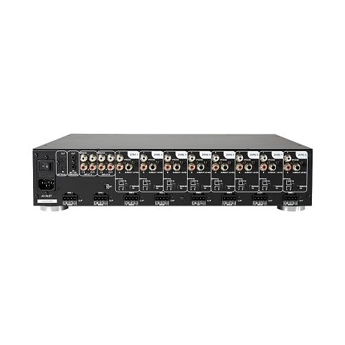 Zadní view of the EA-DYN-16D-100 amplifier, showing all input and output ports, including speaker terminals and power input.